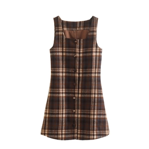 Women Plaid Midi Dress Woolen Tweed Sleeveless Square Neck Button Down Tie Back Vintage Mori Style