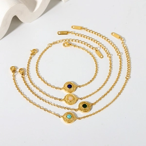 Bracelet En Acier Inoxydable Rétro Pour Femmes Plaqué Or Pendentif Soleil Rond Serti De Pierres Précieuses Bijoux Bohèmes