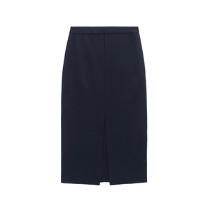 Elegant navy blue knit midi skirt with a high waist and front slit on white background