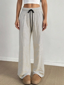 Women Striped Wide Leg Pants High Waist Drawstring Polyester Spandex Casual Loose Lounge Trousers Home Stripes Print