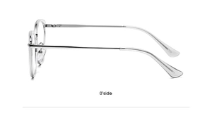 Side view of cat eye sunglasses featuring transparent frames and silver metal temples
