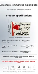 Detailed view of linen cosmetic bag showing 17x25cm dimensions and heart print
