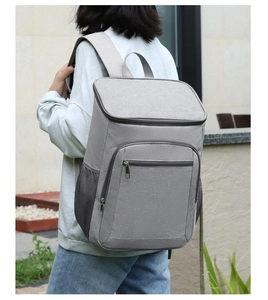 Gray insulated picnic backpack with side mesh pockets and durable fabric texture