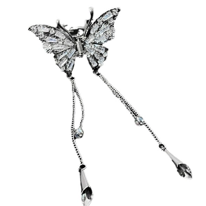 Elegant silver butterfly hair claw clip with rhinestones and long tassel pendants