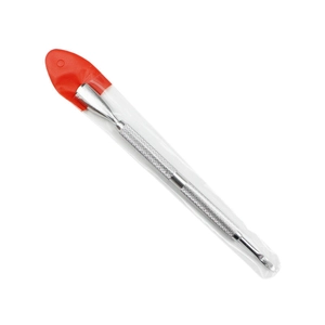 Macro shot of dual-end stainless steel cuticle pusher with non-slip handle and red protector