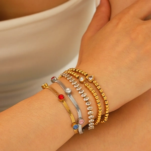 Stainless Steel Bracelets For Women 18K Gold Plated Cubic Zirconia Heart Beaded Dainty Stackable Jewelry