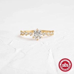 Classic S925 sterling silver six-prong gold ring with brilliant round cut diamond solitaire