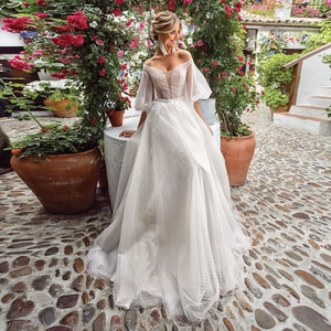Robe De Mariée Épaules Dénudées Tulle À Pois Manches Bouffantes Col En V Élégante Pour Femmes Soirée
