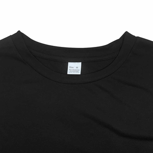 Close-up of the neckline on a black sports t-shirt showing 92% polyester fabric texture