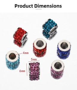 Detailed size chart for stainless steel cylinder beads with colorful rhinestones