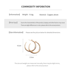 Detailed spec sheet for gold-plated geometric hoop earrings with copper and zircon details