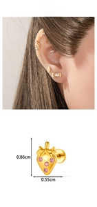 Detailed view of gold strawberry stud earring with pink gemstones and product dimensions