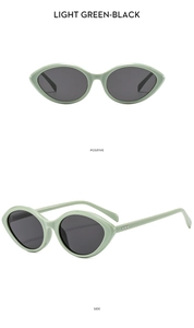 Detail view of light green cat eye sunglasses showing positive and side perspectives
