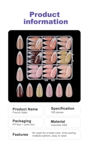 Détails de 108 faux ongles French de forme amande avec boîte de rangement de plusieurs couleurs