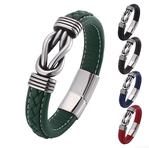 Men's punk woven leather bracelet with metal clasp, featured in green and four color options
