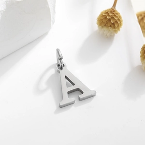 Close-up of silver letter A pendant on white stone with dry flowers