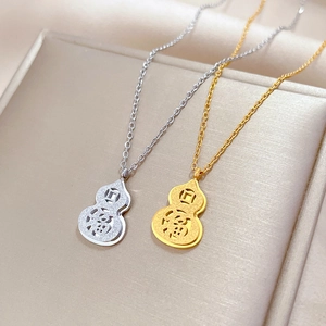 Titanium steel gourd necklace with hollowed Fu character in gold and silver finish