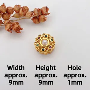 Detail of 9mm gold-plated flower charm with cat-eye stone and colorful zircons