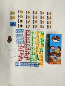 Close-up of Tetris stacking game set with colorful blocks and cards for family board game