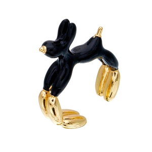 Detail of creative balloon rabbit ring with 18K gold plating and black enamel finish