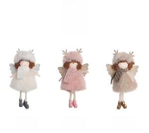 Detail of plush Christmas angel pendants in white, pink, and khaki with reindeer horns