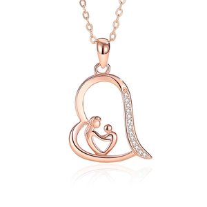 Rose gold S925 sterling silver heart necklace with mother and child pendant and white zircons