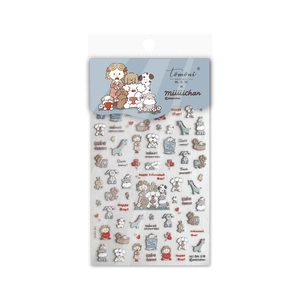 3D embossed nail stickers with cute dog and giraffe cartoon illustrations by Tomoni