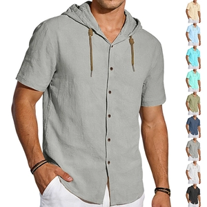 Men's Hooded Short Sleeve Shirt Linen Cotton Blend Breathable Casual Summer Beach Vacation Solid Button Up Top