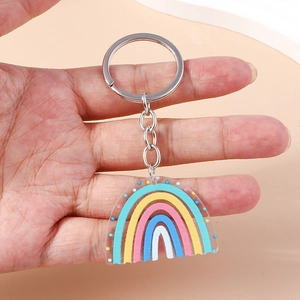 Detail of colorful acrylic rainbow keychain with geometric dots and silver metal ring