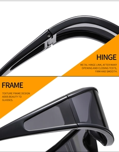 Detail of durable metal hinges and textured glossy black frame for sports cycling sunglasses