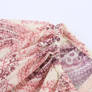 Macro shot of tiered floral print dress showing gathered neckline and fine red patterns
