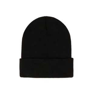 Detailed view of black ribbed knit beanie featuring thick texture and folded cuff style