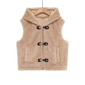 Women Faux Fur Hooded Vest Plush Warm Sleeveless Waistcoat With Toggle Buttons