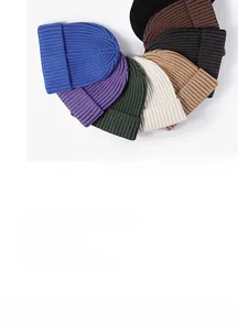 Detailed close-up showing various colors of winter ribbed knit beanies for adults