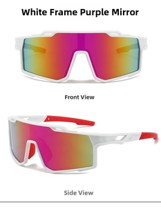 Front and side views of white frame cycling sunglasses with purple gradient mirror lenses