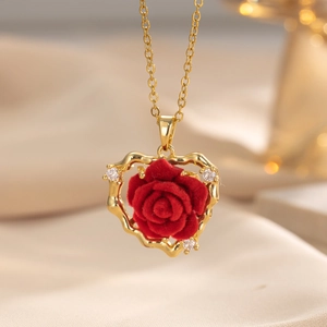 Rose Pendant Necklace Heart Shape Titanium Steel Gold Plated Red Flocking Flower Zircon Vintage Romantic Jewelry For Women