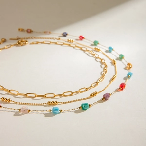 Three-layer gold stainless steel necklace set with colorful square glass pendants