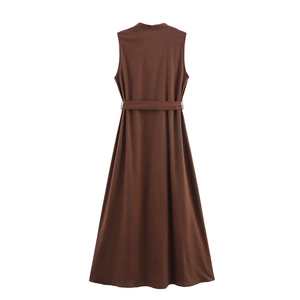 Women's V-neck sleeveless dark brown midi dress with belted waist and utility style