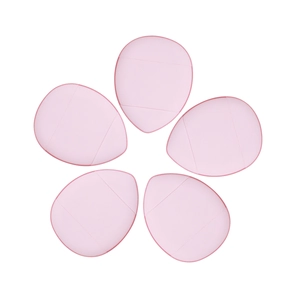Detail showing five pink drop-shaped finger puffs in flower arrangement on white background