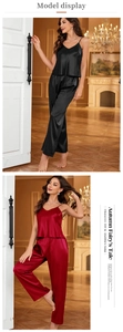 Detail of luxury satin camisole and pants set with V-neck and smooth silk texture