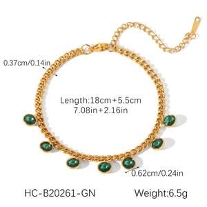 Détails du bracelet doré avec pierres de zircon vert et dimensions de longueur
