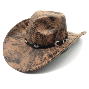 Vintage western cowboy hat with brown crackle texture and studded leather band