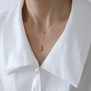 Minimalist 18K gold-plated titanium steel necklace with elegant double waterdrop pendants