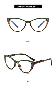 Cat-eye glasses frame in green hawksbill pattern showing front and 45-degree angles