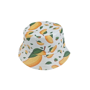 Detail showing high-quality stitching and vibrant mango fruit print on white cotton sun hat