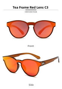 Detail view of lightweight sunglasses with brown tea frames and red mirrored lenses