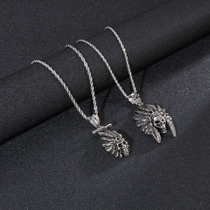 Silver Indian chief skull pendant necklace with feather crown in punk style