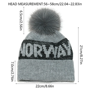 Detailed size chart for gray Norway lettered knit beanie with faux fur pom pom