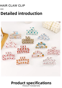 Macro detail of clear acrylic hair claw clips with colorful Christmas holiday patterns
