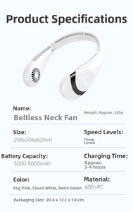 Detailed specs of the white 245g neck fan showing dimensions and 5000mAh battery data